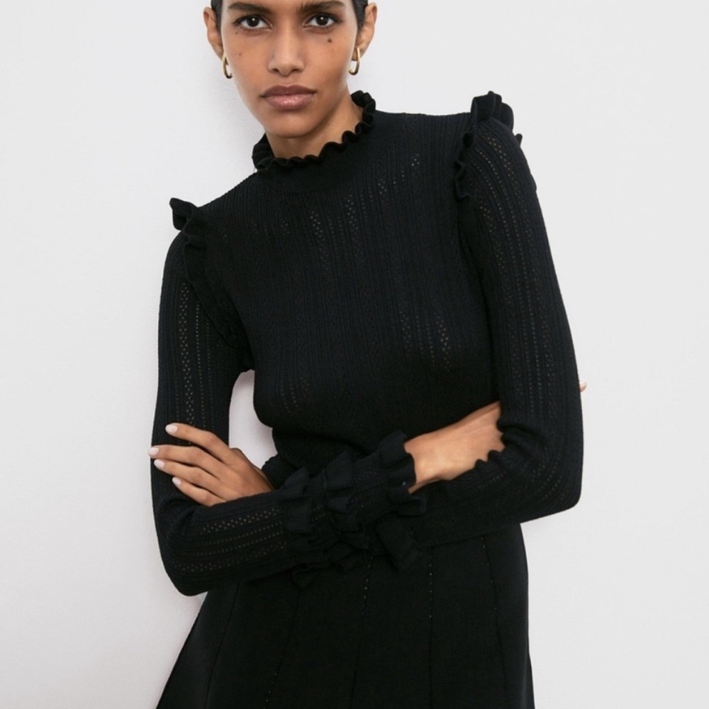 Zara Black Ruffle Knit Sweater Dress S